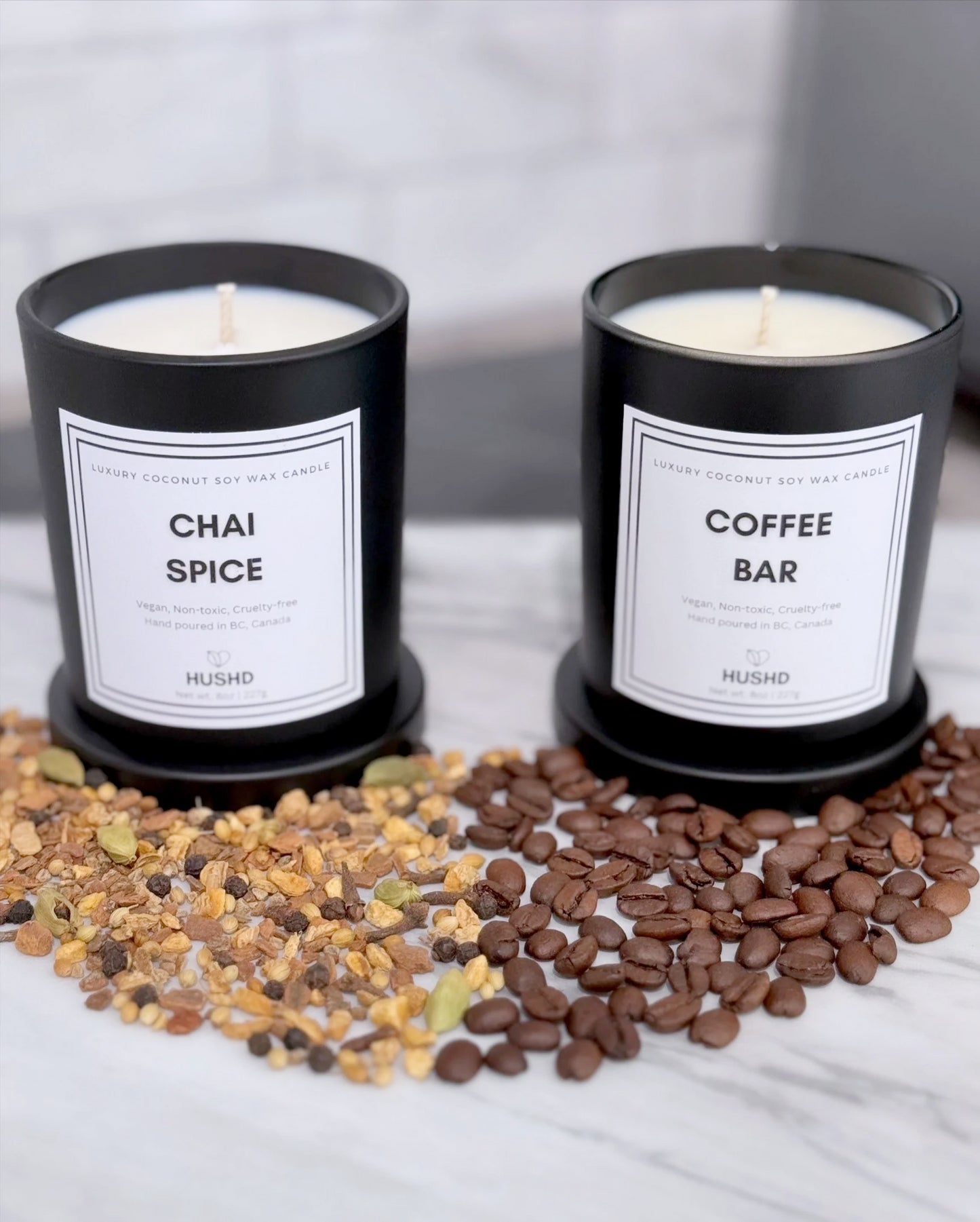 Coffee Bar and Chai Spice coconut soy candles – handmade in Coquitlam for luxury personalized gifting