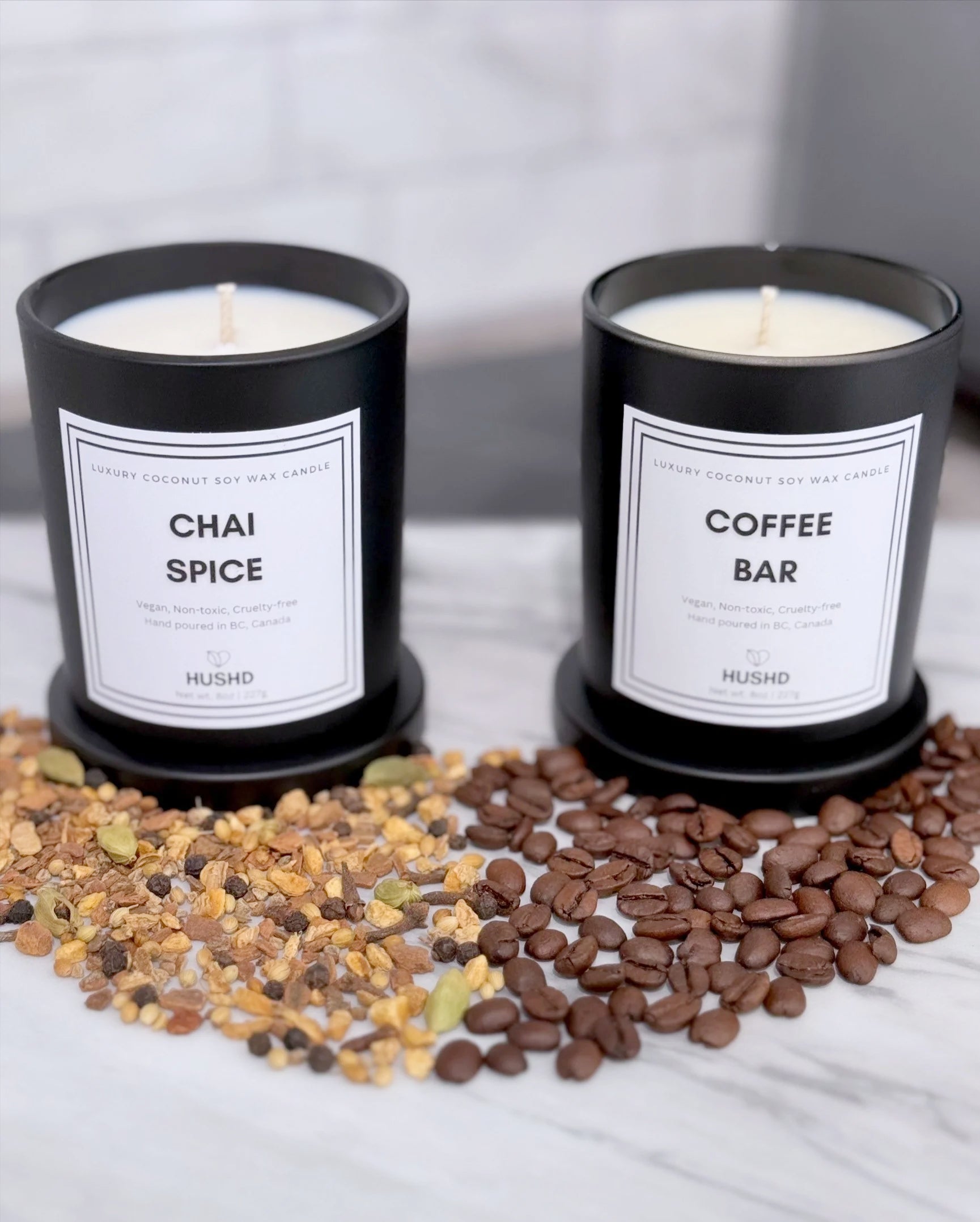 Coffee Bar and Chai Spice coconut soy candles – handmade in Coquitlam for luxury personalized gifting