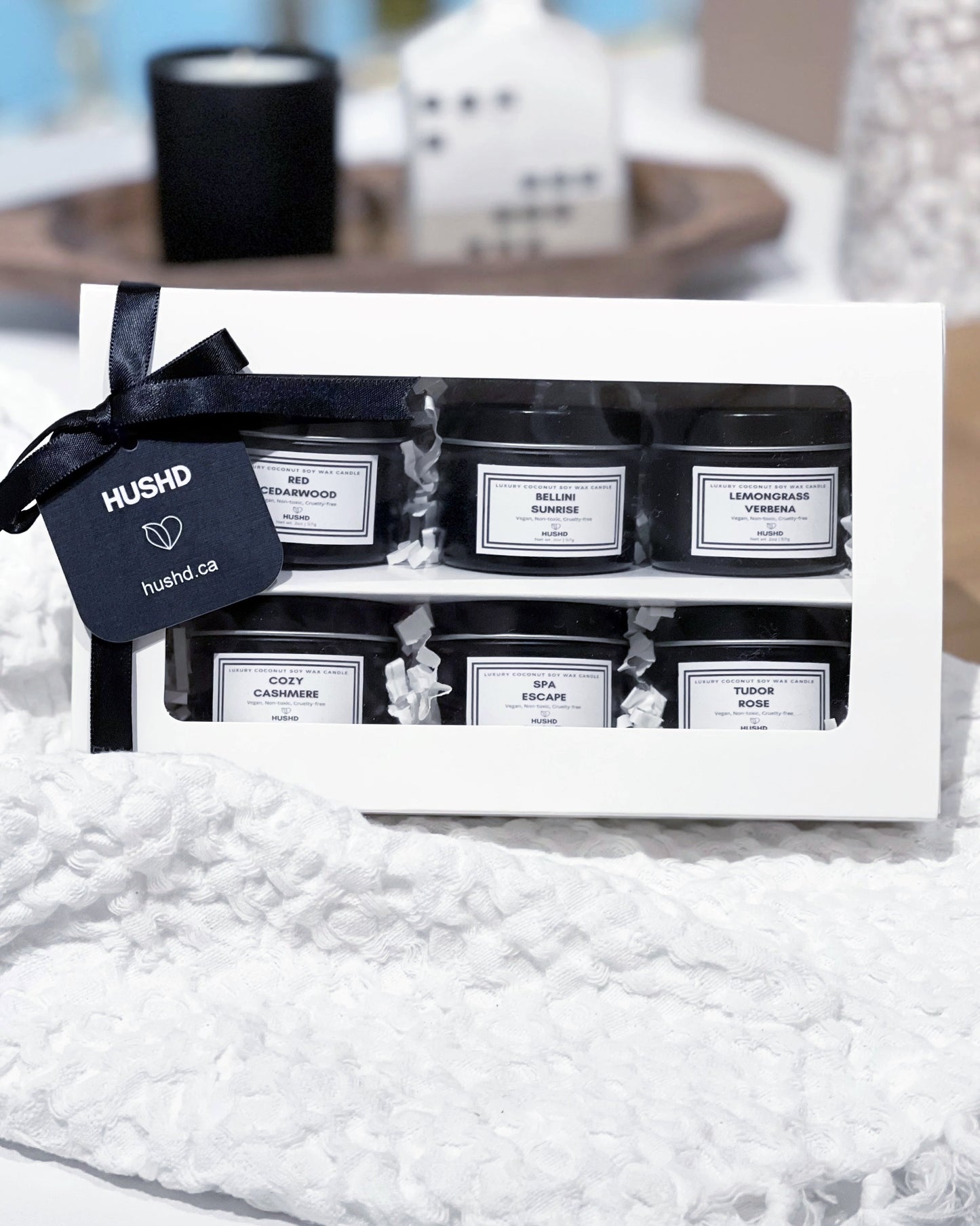 Mini candle, gift set, box, tin candle, assorted scents, natural, non-toxic, cruelty-free, coconut soy wax, vegan, cotton wick, black jar, elegant, luxury