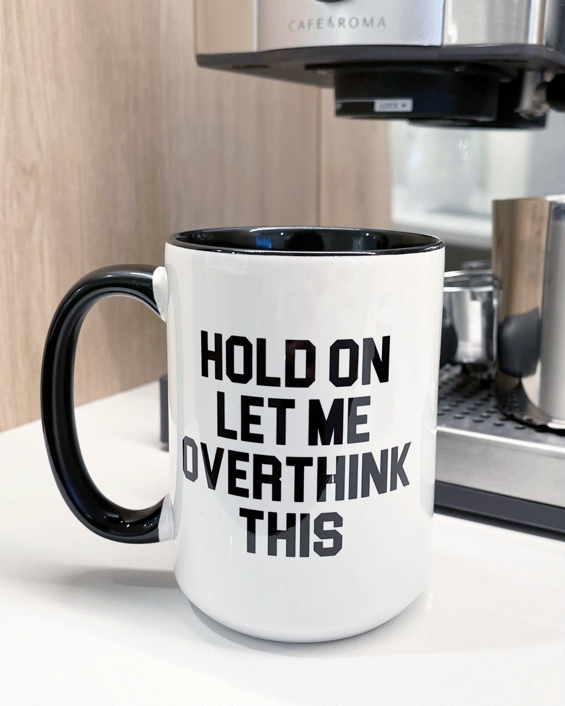 Overthinking, hold on let me overthink, mug, ceramic, white, black handle, black interior, me time, coffee/tea mug, cup, large, dishwasher safe, sarcastic