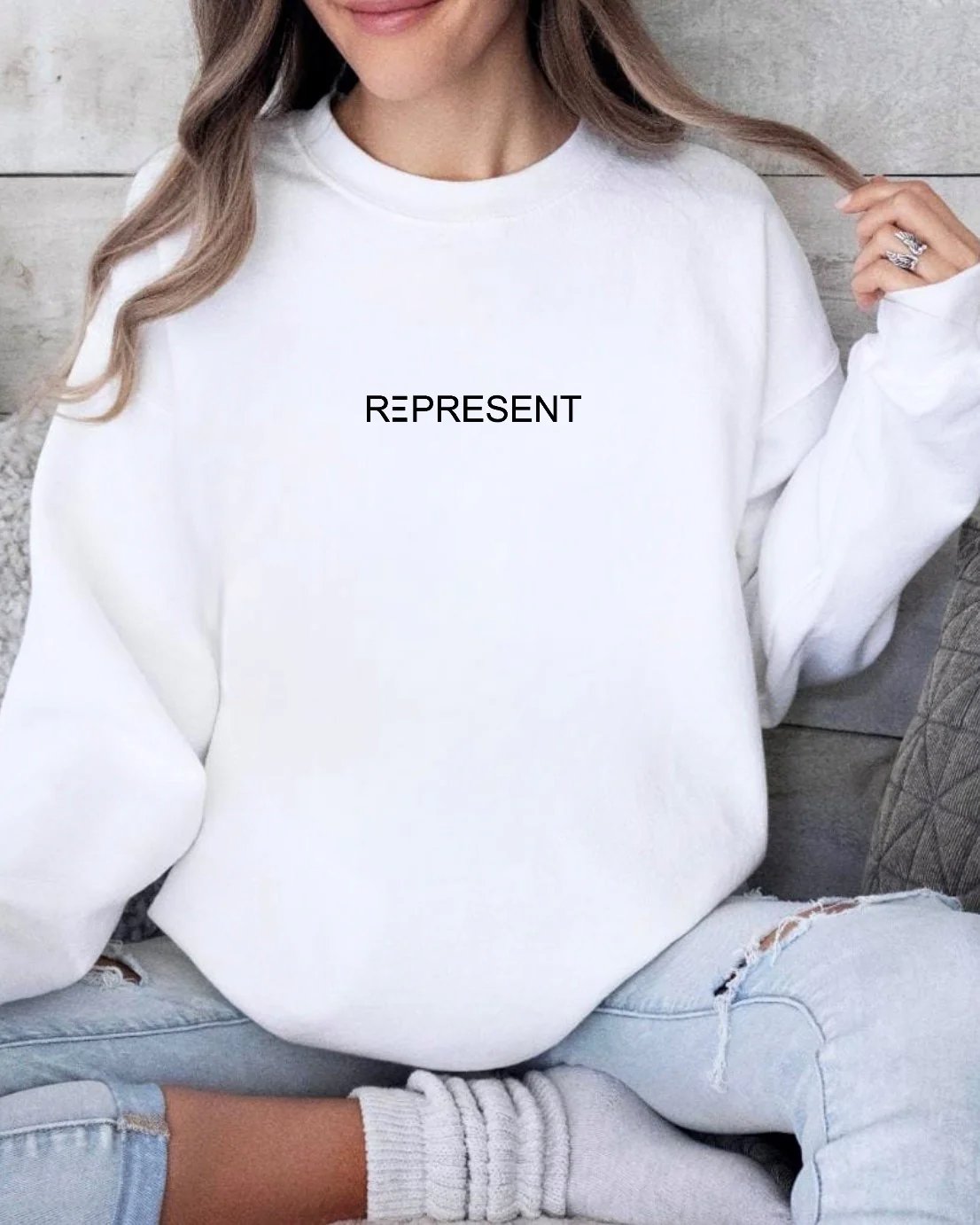 Represent, authentic, crewneck, sweatshirt, black, white, grey, oversized, hoodie, heavy cotton, polyester, cotton/poly blend, sweater, jumper, women or men, unisex