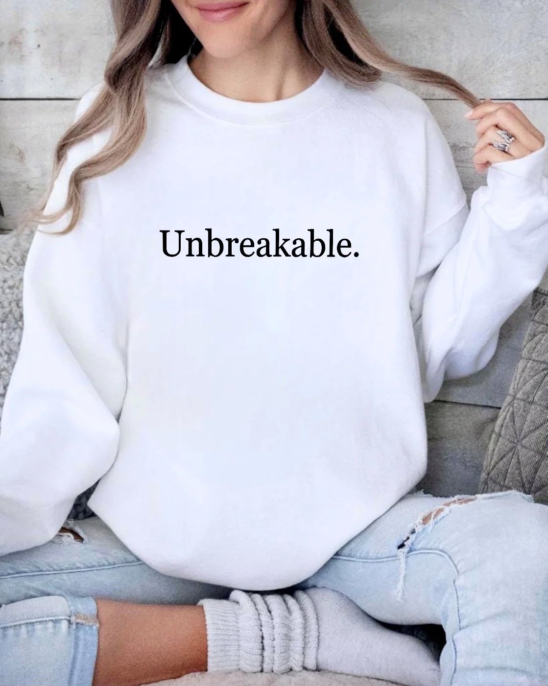 Unbreakable, authentic, crewneck, sweatshirt, black, white, grey, oversized, hoodie, heavy cotton, polyester, cotton/poly blend, sweater, jumper, period, light